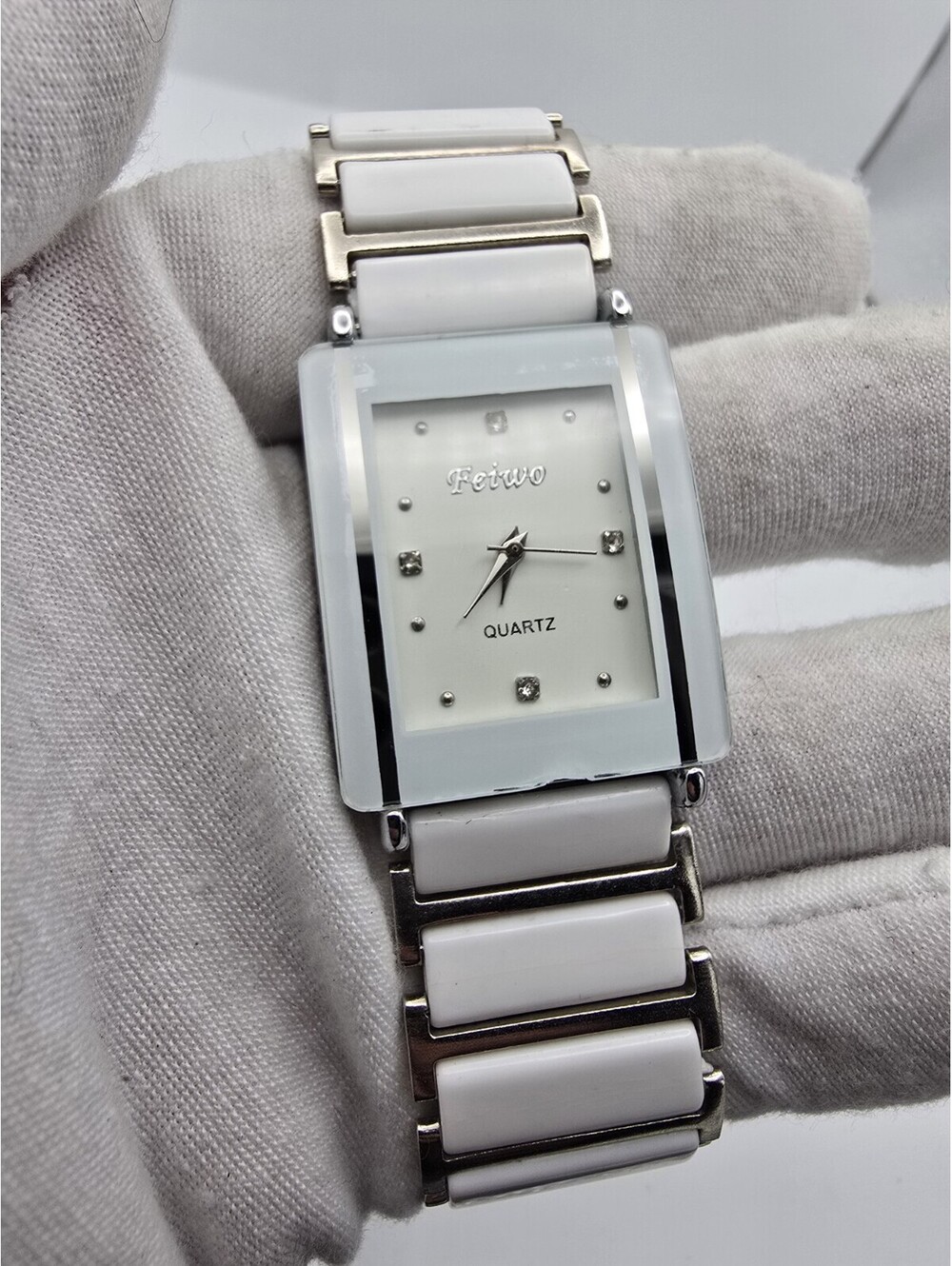 Feiwo Rectangular Quartz Watch White Ceramic Style Bracelet Crystal Markers